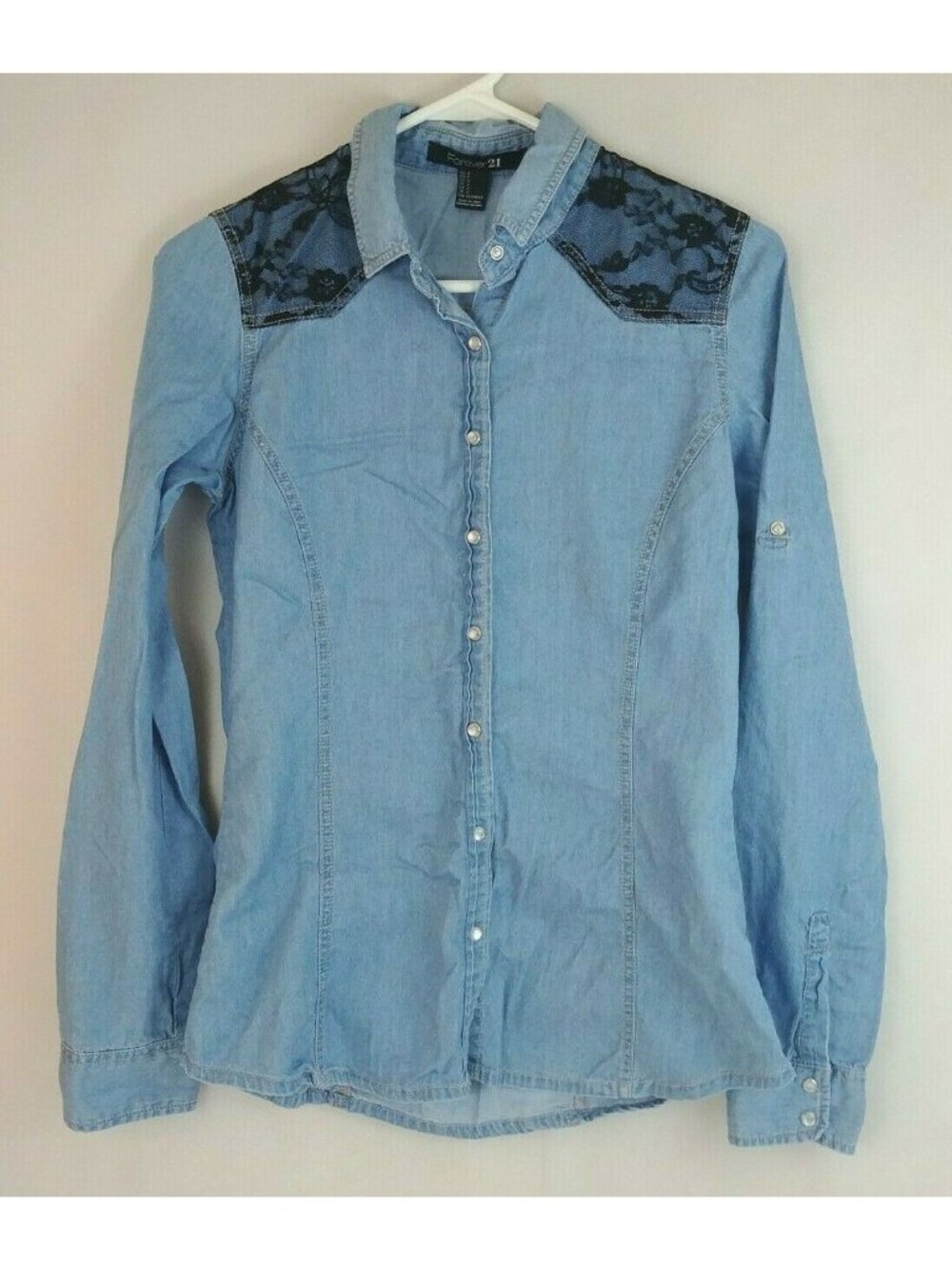 Forever 21 Women's Long Sleeve Pearl Snap Blue Shirt With Black Lace Size Small